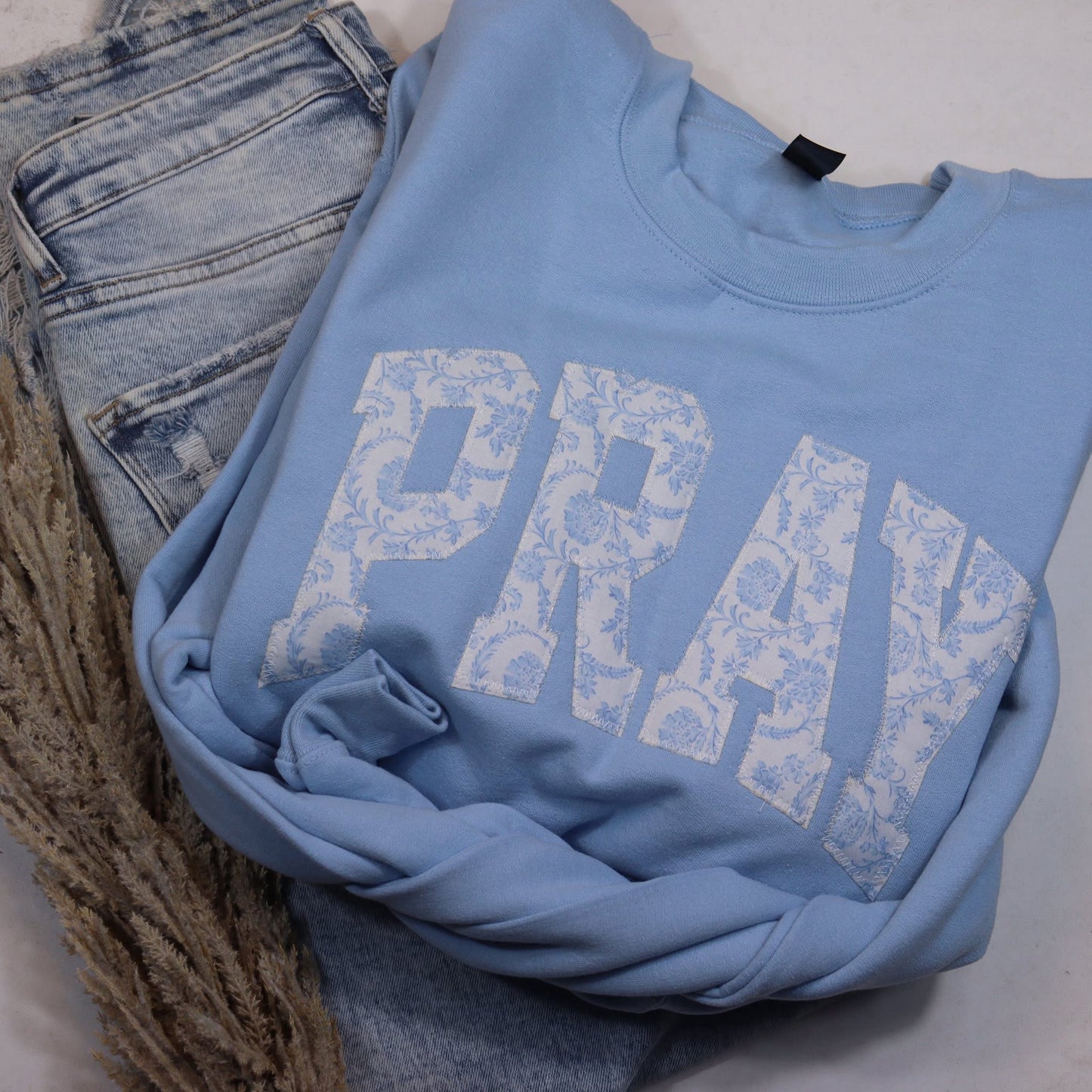 (PREORDER) PRAY PATCHWORK BLUE SWEATSHIRT