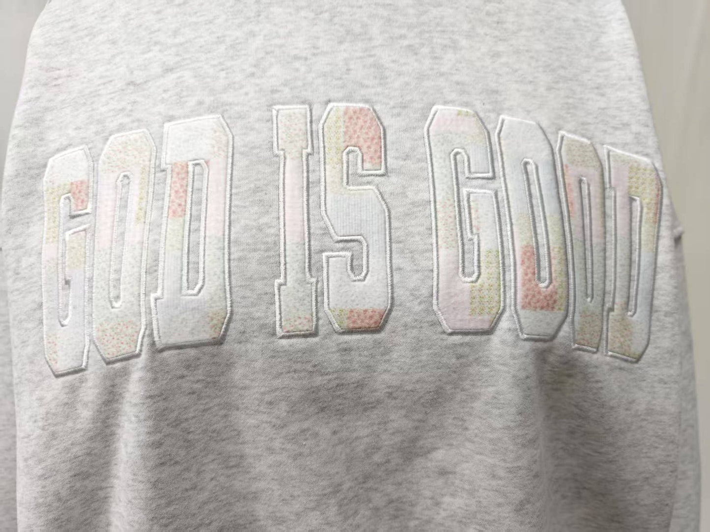 GOD IS GOOD QUILTED PASTEL EMBROIDERED SWEATSHIRT