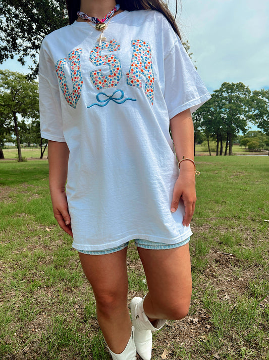 USA FLORAL BOW TEE