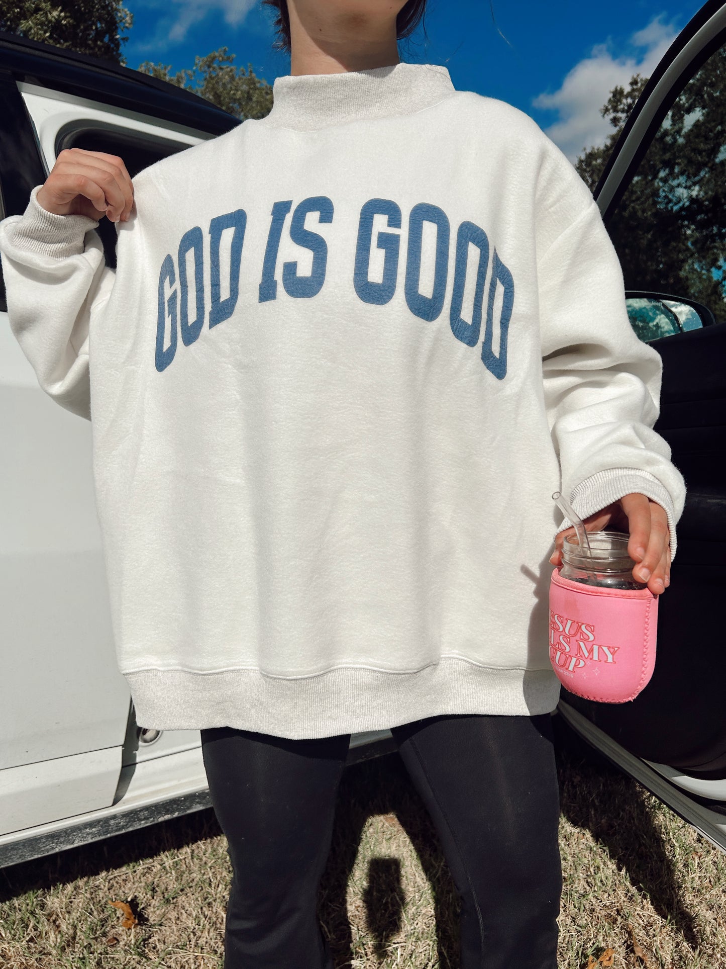 (PREORDER) JESUS & GOD IS GOOD REVERSIBLE MOCK NECK SWEATSHIRT