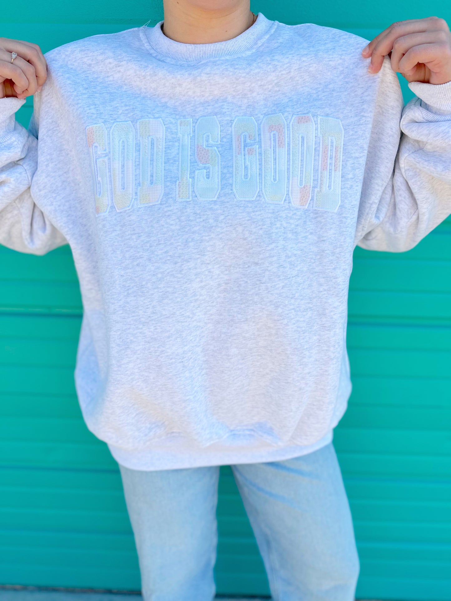 GOD IS GOOD QUILTED PASTEL EMBROIDERED SWEATSHIRT