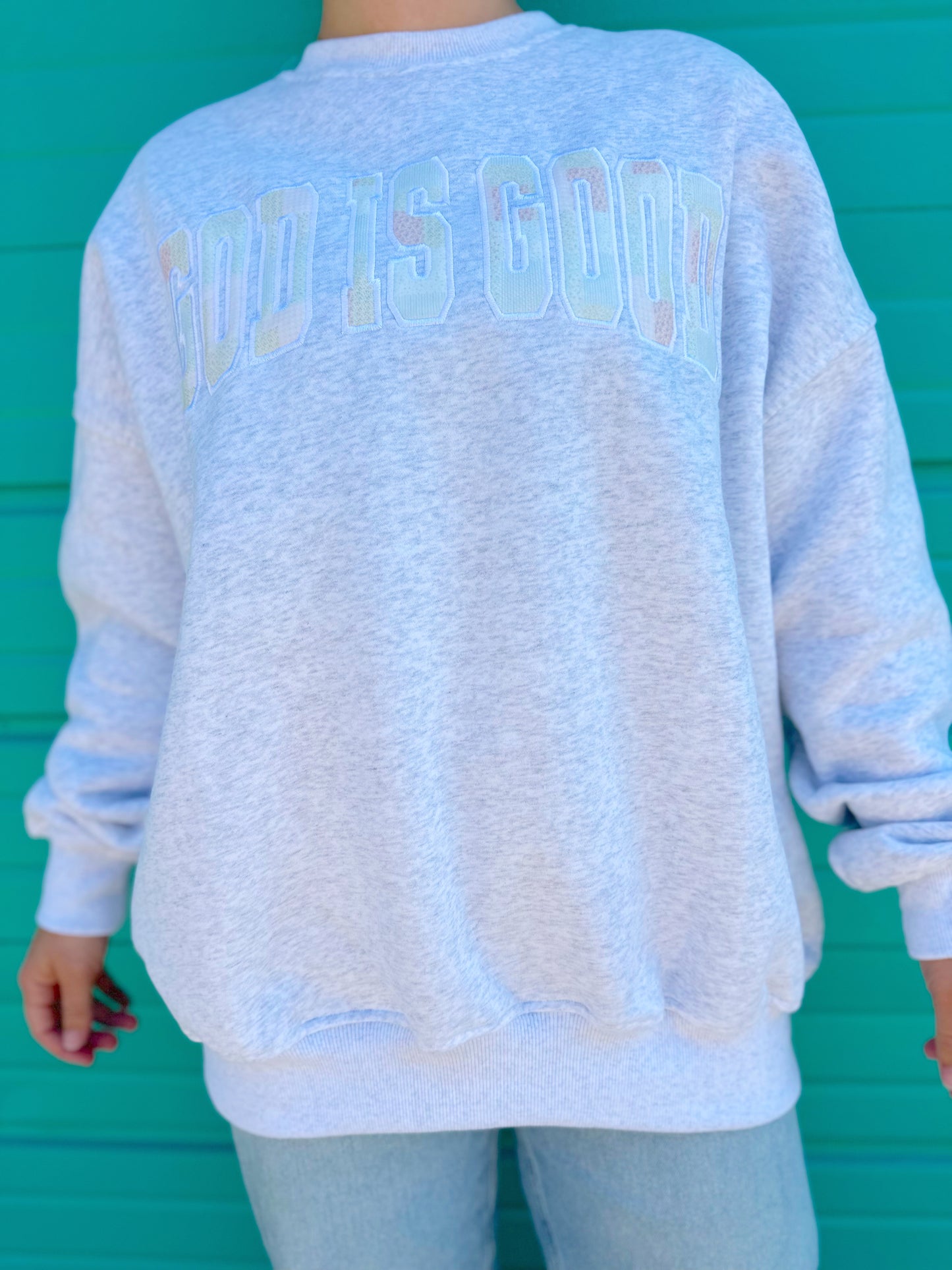 GOD IS GOOD QUILTED PASTEL EMBROIDERED SWEATSHIRT