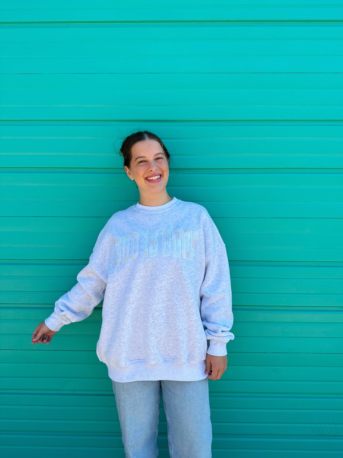 GOD IS GOOD QUILTED PASTEL EMBROIDERED SWEATSHIRT