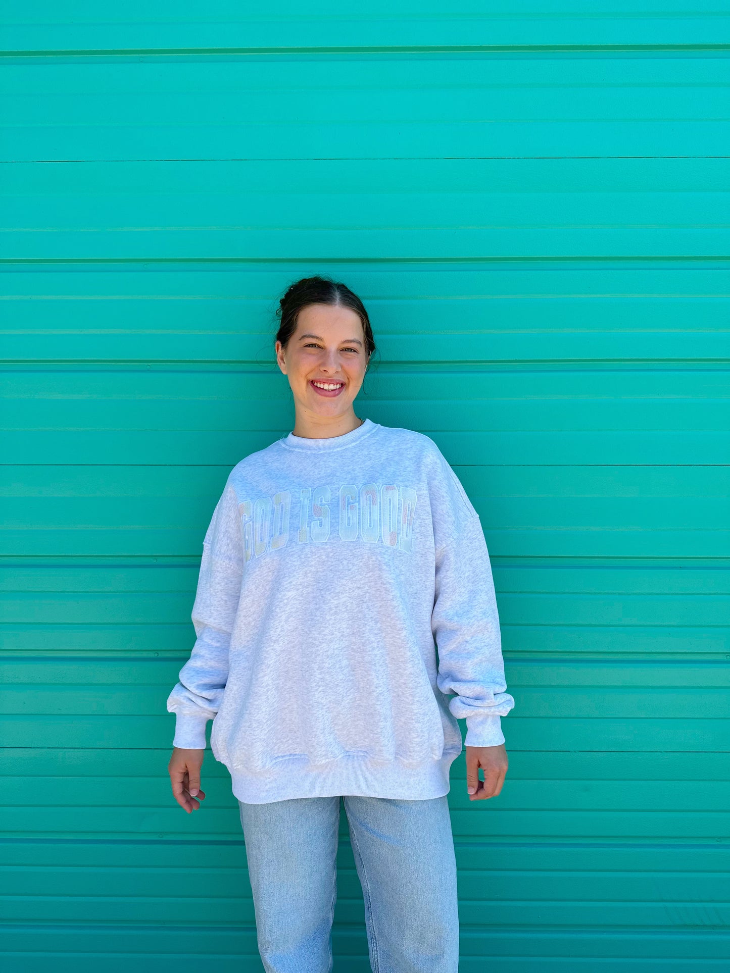GOD IS GOOD QUILTED PASTEL EMBROIDERED SWEATSHIRT