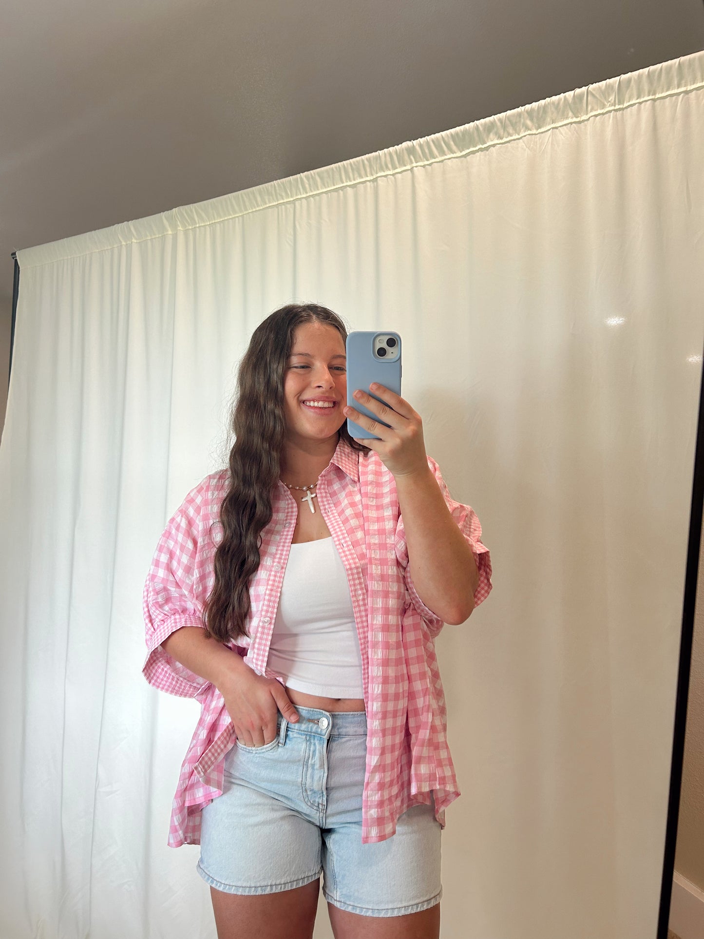 BUBBLEGUM BLUSH BUTTON DOWN TOP