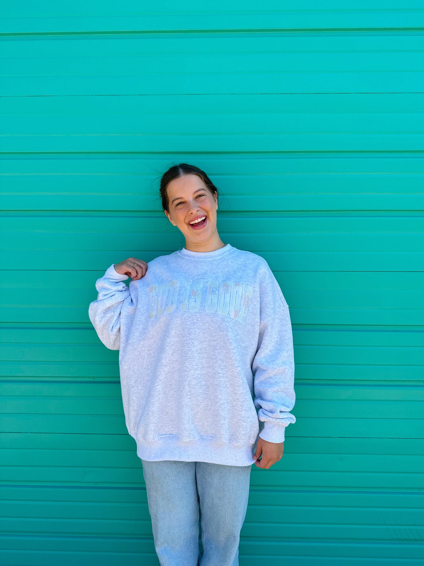 GOD IS GOOD QUILTED PASTEL EMBROIDERED SWEATSHIRT