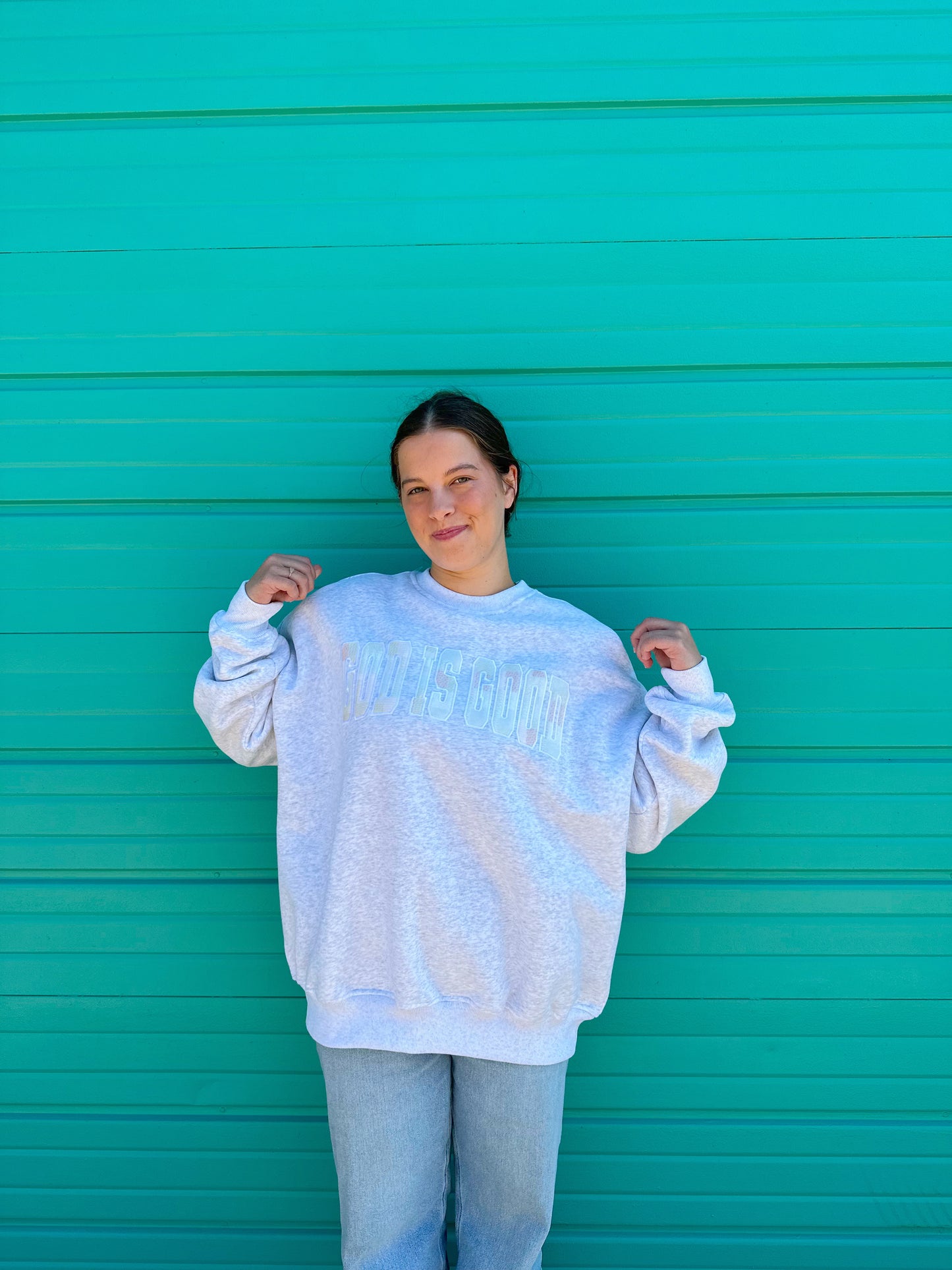GOD IS GOOD QUILTED PASTEL EMBROIDERED SWEATSHIRT