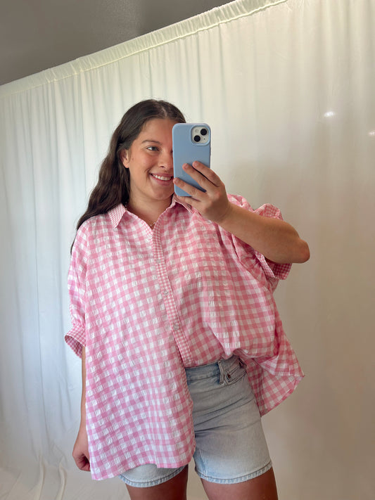 BUBBLEGUM BLUSH BUTTON DOWN TOP